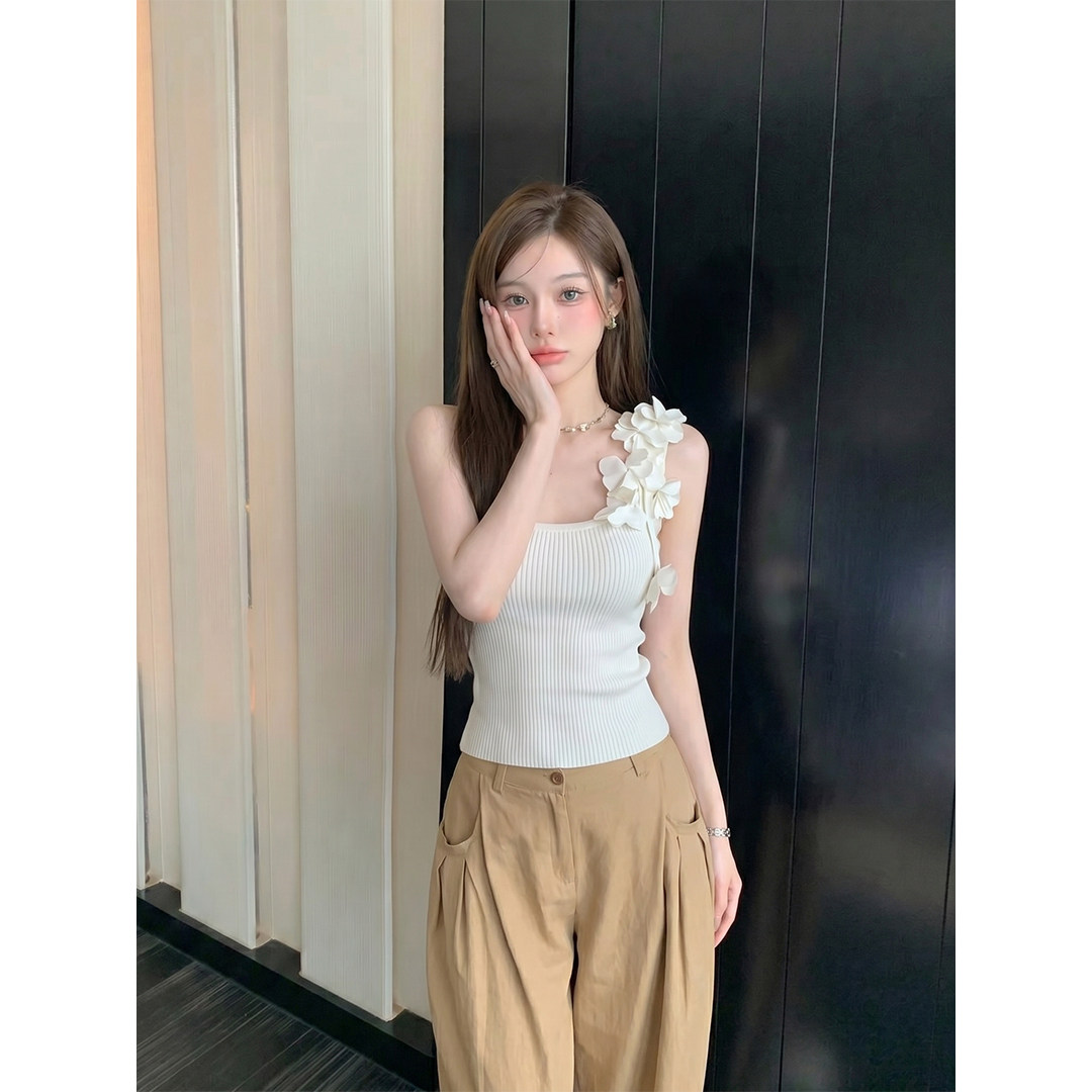 温柔风立体花朵针织吊带背心女夏季新款法式设计感chic显瘦短上衣