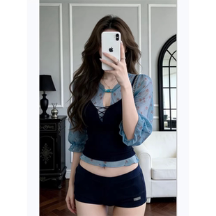 叠穿吊带背心两件套装 美式 度假风修身 T恤上衣女夏季 网纱碎花短袖