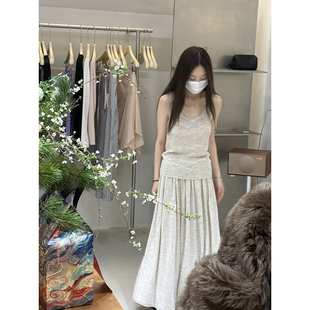 韩系清冷感针织套装裙女气质温柔风吊带背心褶皱大摆A字长裙两件