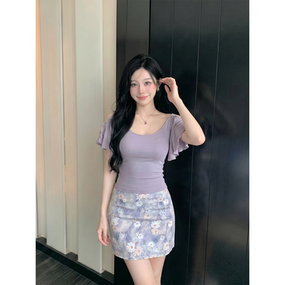 夏季紫色露肩短袖辣妹T恤女