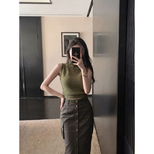 早秋小高领纽扣针织背心显瘦女