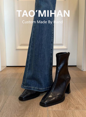 真皮高跟鞋短靴女2026秋冬季新款方头马丁靴黑色加绒粗跟瘦瘦靴子