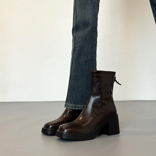 羊皮版~法式加绒高跟短靴女冬2026新款粗跟瘦瘦靴百搭方头马丁靴