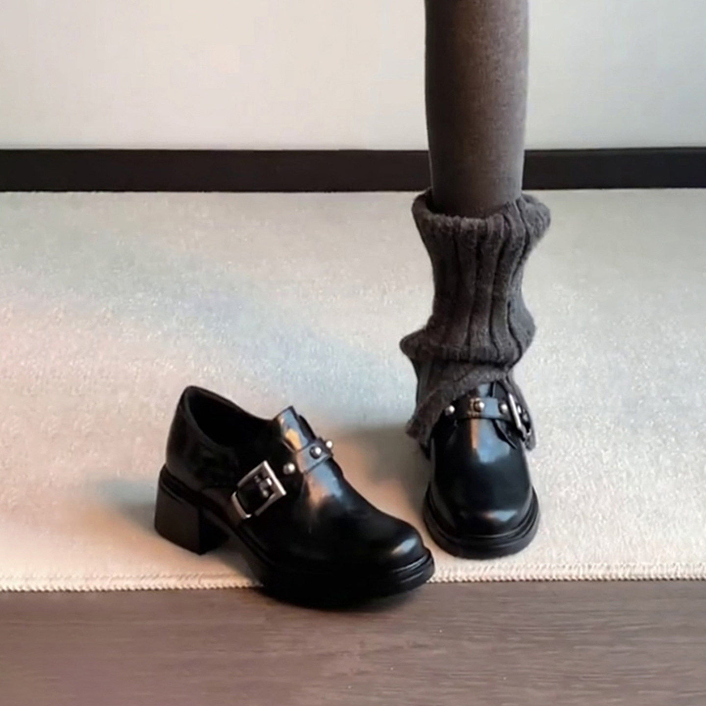 牛皮版~厚底铆钉乐福单鞋一脚蹬英伦风复古圆头学院粗跟小皮鞋女,女鞋,深口单鞋,淘宝优惠券,粉丝福利购,淘宝优惠卷