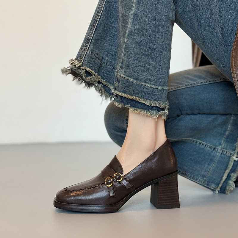 真皮静音底方头粗跟单鞋一脚蹬浅口工作鞋真皮复古小皮鞋2026新款,女鞋,深口单鞋,淘宝优惠券,粉丝福利购,淘宝优惠卷