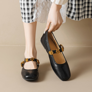 羊皮版~法式复古单鞋女2026新款一字带平底芭蕾玛丽珍鞋大码女鞋