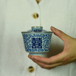 苏三造物包银口盖碗景德镇纯手工手绘青花瓷纯银包口喜字复古盖碗