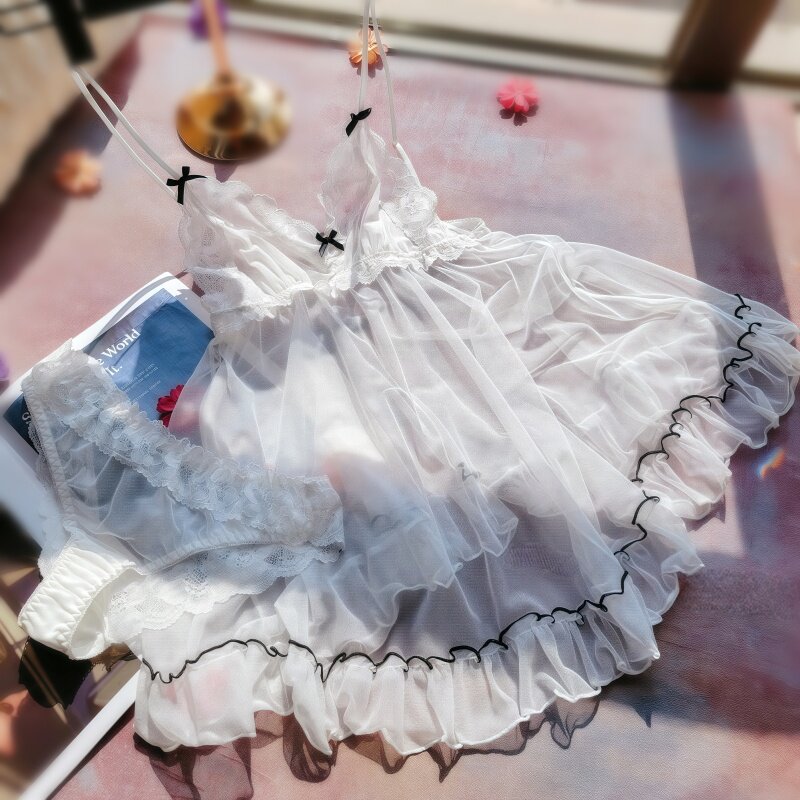 性感蕾丝睡衣女士薄款高级感小胸纯欲网纱吊带少妇睡裙家居服套装