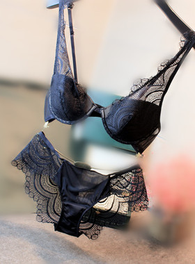 北欧 OS 黑色半透明透 深V 小钢圈性感超薄不露点内衣文胸套装