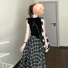 美式黑白格纹不规则半身裙女夏季黑色上衣显瘦收腰学院风一整套装