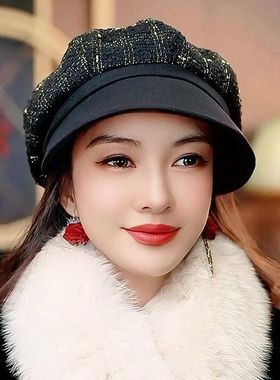 布塔八角鸭舌贝雷帽女羊毛呢英伦时尚百搭复古秋季新款帽PT2127