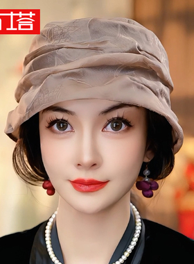 布塔真丝花萝香妃帽百搭遮白发时尚女士优雅款香云纱帽子PT0693