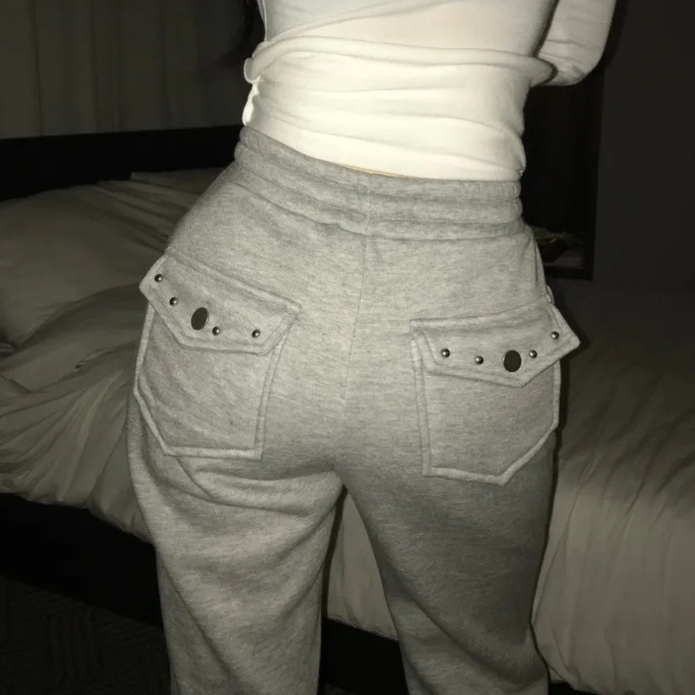 Shawne 25s冬新韩国正品代购 Y2K铆钉后侧口袋微喇叭宽松运动裤