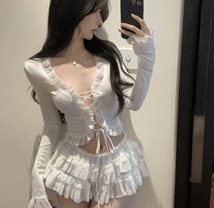 层叠短裙套装 Shawne 小众蕾丝花边系带开衫 代购 26s春新韩国正品