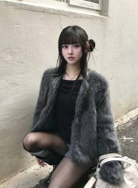 Shawne 25s冬新韩国正品代购 Y2K绗缝内里毛茸茸温暖灰色皮草外套
