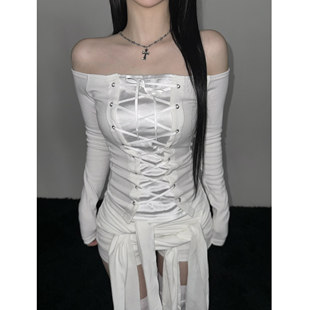 小众胸前编织系带露肩性感弹力T恤 代购 Shawne 26s春新韩国正品