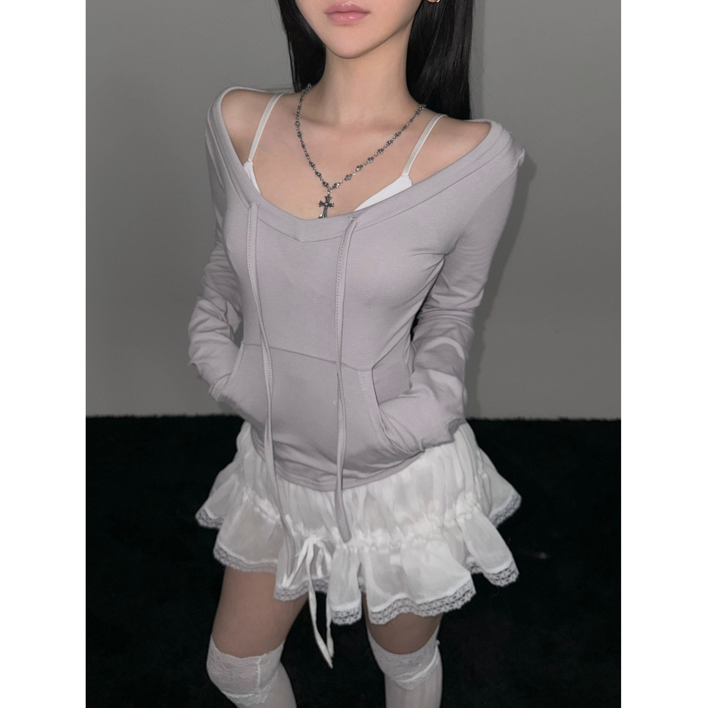 Shawne 26s春新韩国正品代购小众胸前口袋系带V领甜美显瘦长袖T恤