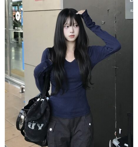 Shawne 26s秋新韩国正品代购 小众简约V领袖口纽扣甜美长袖T恤