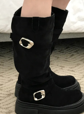 Shawne 25s冬新韩国正品代购 Y2K麂皮黑色扣带圆头复古时尚短靴