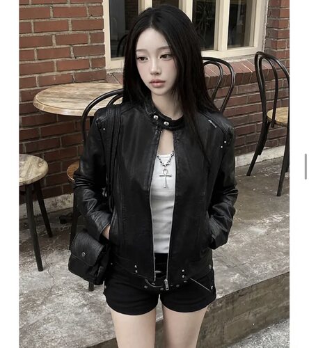 Shawne 26s秋新韩国正品代购 Y2K个性纽扣设计搭扣拉链显瘦皮衣