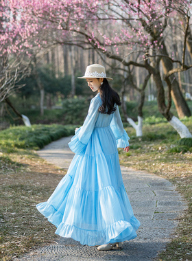 理想三旬女装春装蓝色法式复古收腰喇叭袖大裙摆蛋糕裙长裙