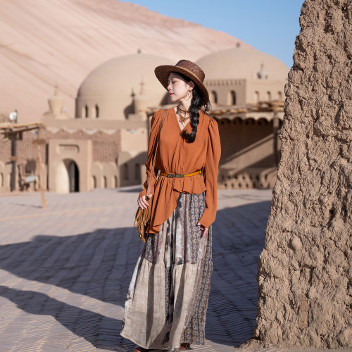 复古民族风姜黄色v领不规则衬衫