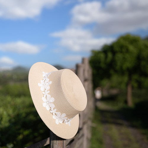 法式复古蕾丝平顶草帽遮阳帽