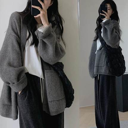 灰色羊毛衫女中长款毛衣外套秋冬宽松慵懒风羊绒毛衣针织开衫