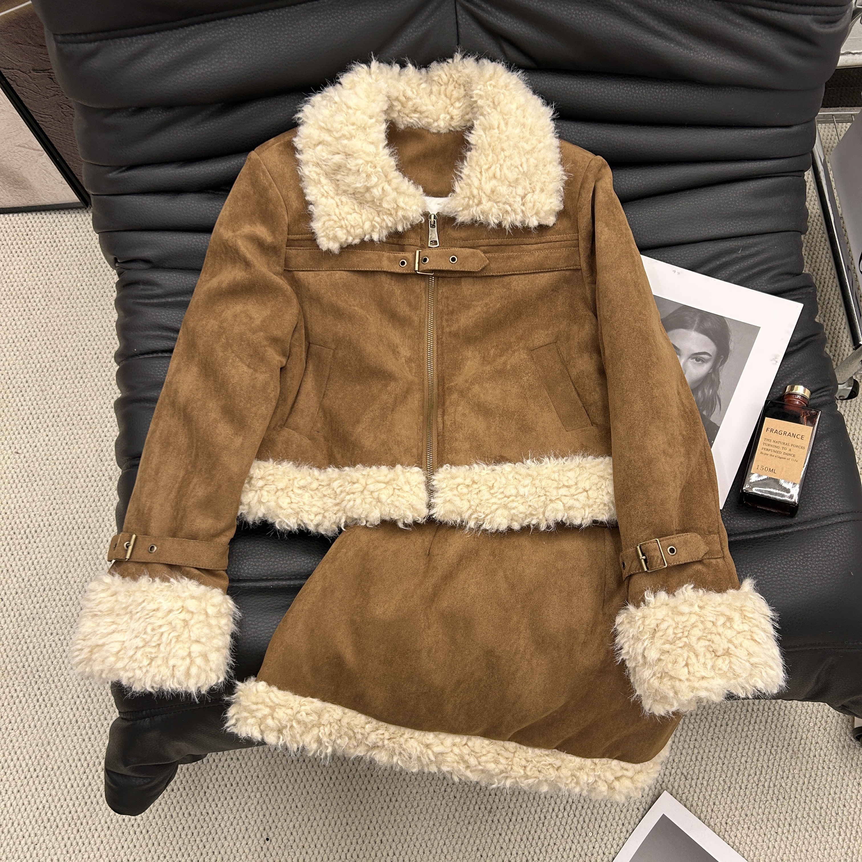 复古风麂皮绒羽绒毛领外套短裙两件套女冬季保暖高级感减龄套装潮