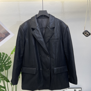 松弛感翻领羽绒皮衣外套女黑色双排扣中长款 PU潮休闲皮夹克上衣冬