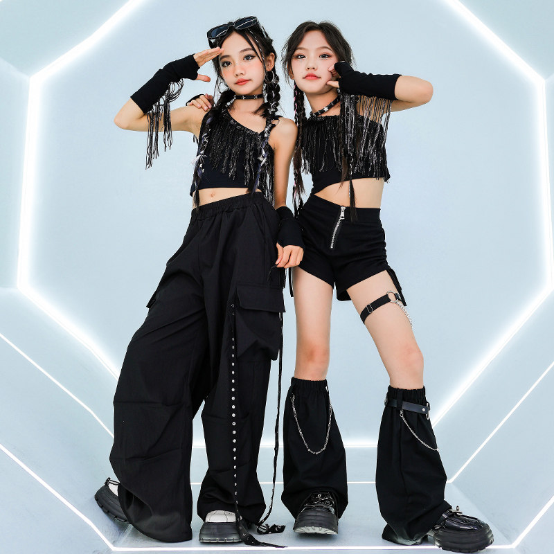 女童爵士舞演出服潮酷时髦女孩流苏露脐吊带套装儿童走秀影楼拍照