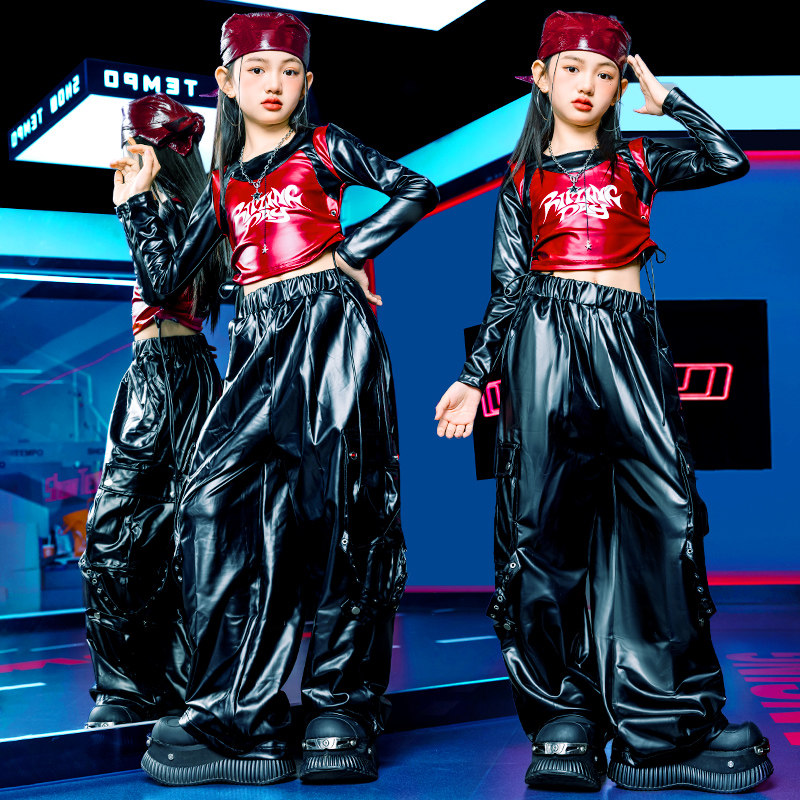 女童嘻哈爵士舞潮酷皮衣皮裤套装