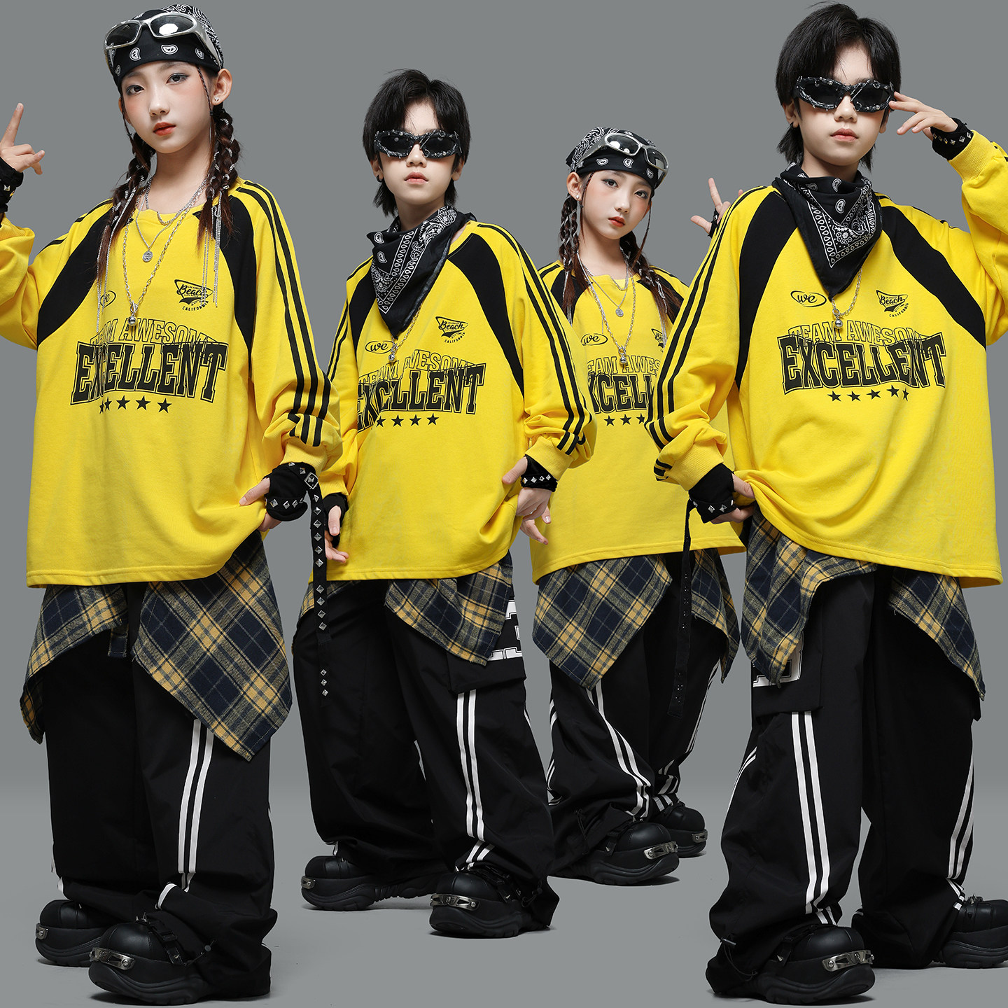 街舞儿童演出服男女童嘻哈潮服黄色长袖卫衣套装少儿hiphop表演服