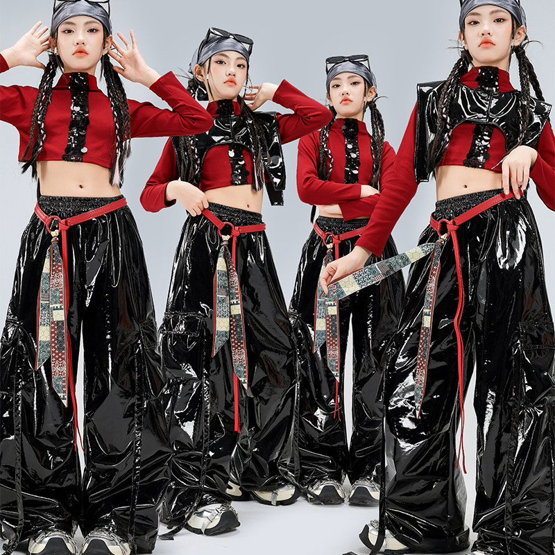 少儿爵士舞服装露脐黑红亮片上衣亮面皮裤套装女童jazz街舞演出服,童装/婴儿装/亲子装,儿童演出服,淘宝优惠券,粉丝福利购,淘宝优惠卷