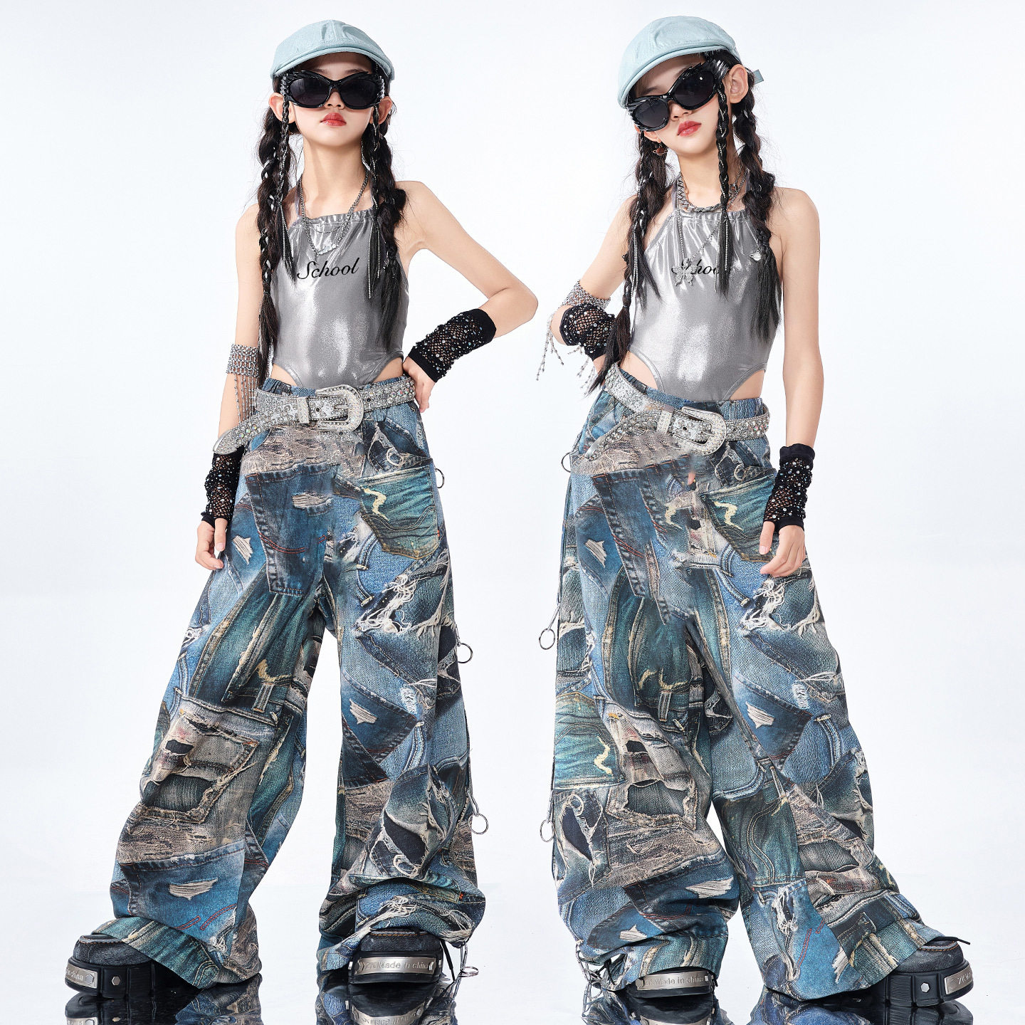 女童爵士舞jazz儿童演出服银色连体连裆露背吊带花色牛仔阔腿裤潮