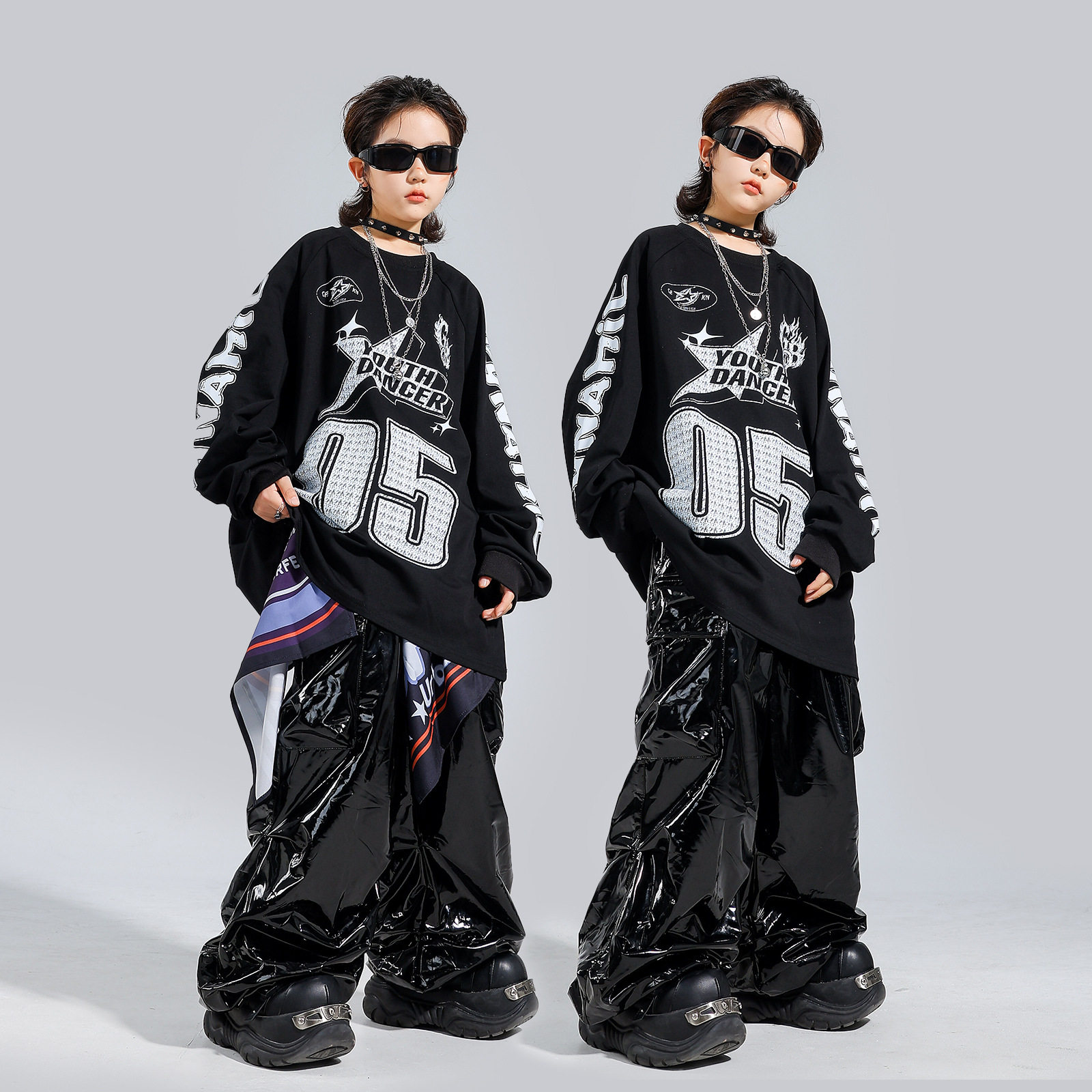 儿童街舞套装潮酷hiphop亮面皮裤