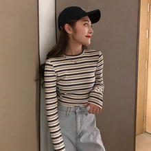 t恤百搭学生上衣 修身 韩版 显瘦撞色条纹长袖 女春季 打底衫 2019新款