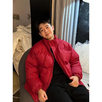 2026本命年红色羽绒服男立领加厚宽松短款面包服男士外套90白鸭绒