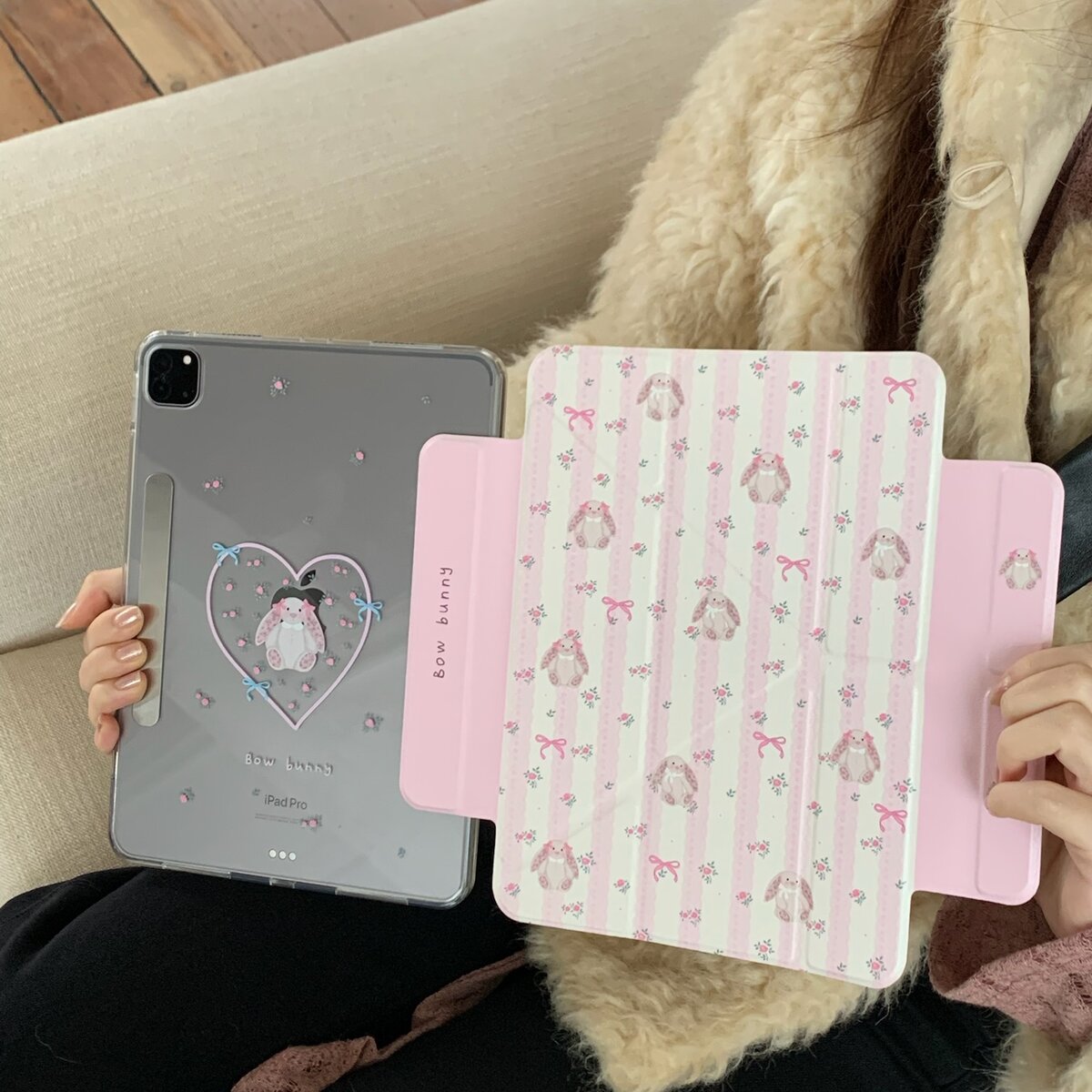 粉色爱心碎花兔子air7/6适用ipad11平板保护壳11寸新款pro2025可拆分磁吸3y折9代10.2不带笔槽苹果mini7硬套