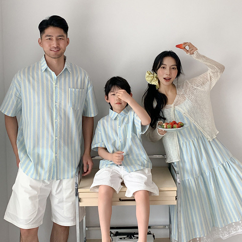 夏季衬衫吊带裙亲子装一家三口海边亲子套装宝宝婴幼童母女父子装