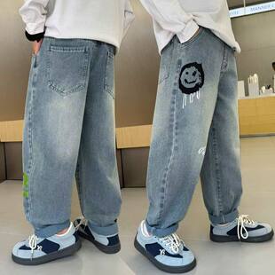 春夏款男童潮牌笑脸印花牛仔裤儿童中大童宽松春秋直筒长裤洋气棉