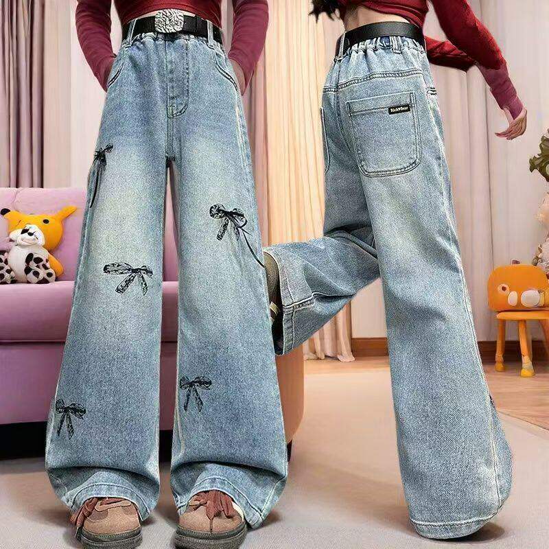 春款女童蝴蝶结牛仔裤女孩阔腿裤宽松显瘦高腰直筒长裤洋气春秋夏