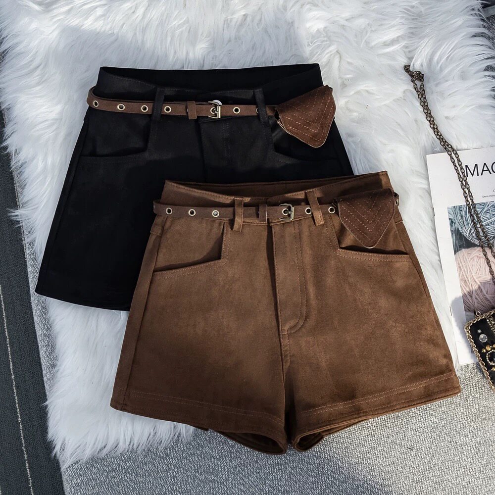 大码胖MM美式复古鹿皮绒短裤女秋冬新款外穿高腰显瘦休闲a字靴裤