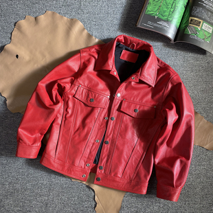 高端红色柔软小牛皮机车夹克男士 翻领真皮皮衣港风宽松简约外套