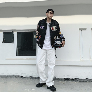 新款 青年机车皮衣男女休闲宽松真皮夹克国潮头层牛皮刺绣外套ins