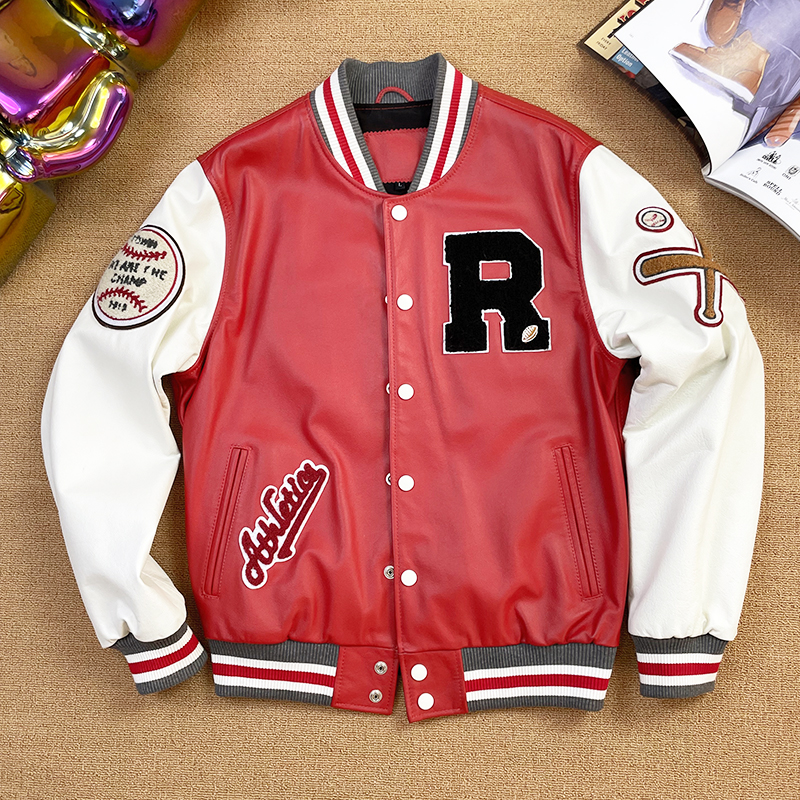 红白色棒球服皮衣刺绣