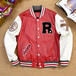 2025秋冬新款 头层小牛皮棒球服刺绣真皮皮衣男女红白外套宽松夹克