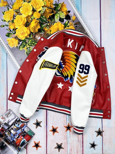 秋冬男士 真皮皮衣休闲刺绣夹克机车外套小牛皮棒球服红色宽松上衣