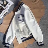 高端白色小牛皮夹克刺绣机车皮衣春秋真皮棒球服日系休闲外套男女