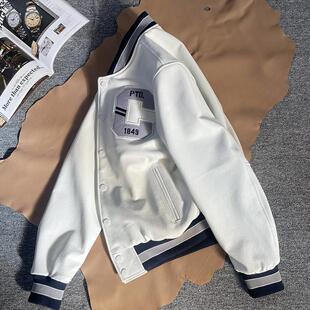 高端白色小牛皮夹克刺绣机车皮衣春秋真皮棒球服日系休闲外套男女